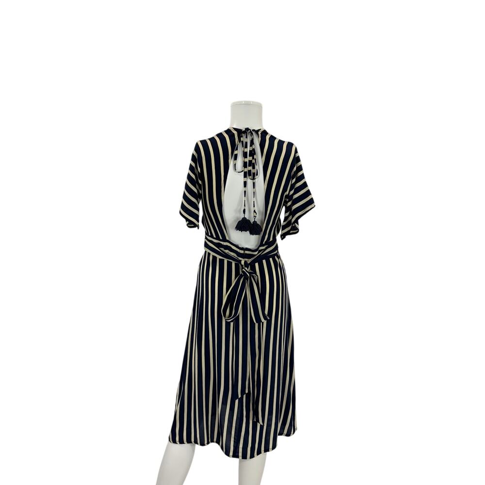 Faithfull The Brand Navy Cream Striped Midi Dress Deep V-Neck Button Front M